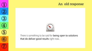 ①
②
③
④
⑤
⑥
⑦
⏲
An old response
There is something to be said for being open to solutions
that do deliver good results rig...