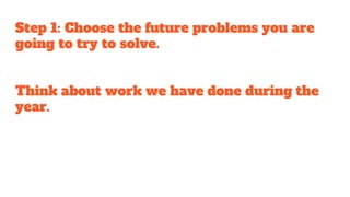 Step 1: Choose the future problems you are
going to try to solve.
Think about work we have done during the
year.
 