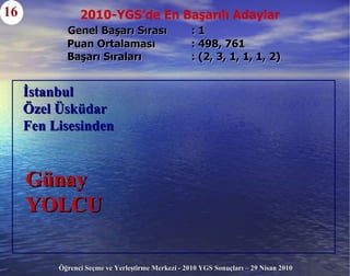 Genel Başarı Sırası  : 1     Puan Ortalaması  : 498, 761   Başarı Sıraları  : (2, 3, 1, 1, 1, 2) 16 İstanbul  Özel Üsküdar  Fen Lisesinden  Günay  YOLCU 2010-YGS’de En Başarılı Adaylar 