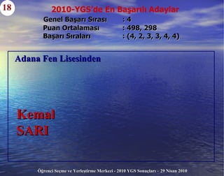 Genel Başarı Sırası  : 4     Puan Ortalaması  : 498, 298   Başarı Sıraları  : (4, 2, 3, 3, 4, 4) 18 Adana Fen Lisesinden Kemal  SARI 2010-YGS’de En Başarılı Adaylar 