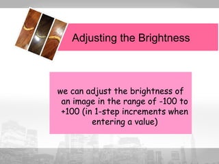 Adjusting the Brightness 
we can adjust the brightness of 
an image in the range of -100 to 
+100 (in 1-step increments when 
entering a value) 
 
