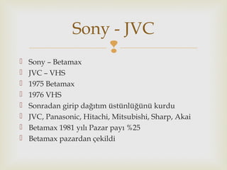 
 Sony – Betamax
 JVC – VHS
 1975 Betamax
 1976 VHS
 Sonradan girip dağıtım üstünlüğünü kurdu
 JVC, Panasonic, Hitachi, Mitsubishi, Sharp, Akai
 Betamax 1981 yılı Pazar payı %25
 Betamax pazardan çekildi
Sony - JVC
 