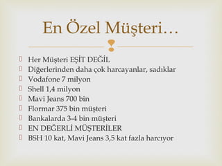 
 Her Müşteri EŞİT DEĞİL
 Diğerlerinden daha çok harcayanlar, sadıklar
 Vodafone 7 milyon
 Shell 1,4 milyon
 Mavi Jeans 700 bin
 Flormar 375 bin müşteri
 Bankalarda 3-4 bin müşteri
 EN DEĞERLİ MÜŞTERİLER
 BSH 10 kat, Mavi Jeans 3,5 kat fazla harcıyor
En Özel Müşteri…
 