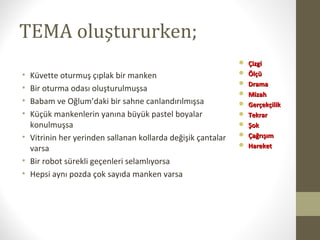 TEMA oluştururken;
• Küvette oturmuş çıplak bir manken
• Bir oturma odası oluşturulmuşsa
• Babam ve Oğlum’daki bir sahne canlandırılmışsa
• Küçük mankenlerin yanına büyük pastel boyalar
konulmuşsa
• Vitrinin her yerinden sallanan kollarda değişik çantalar
varsa
• Bir robot sürekli geçenleri selamlıyorsa
• Hepsi aynı pozda çok sayıda manken varsa
 ÇizgiÇizgi
 ÖlçüÖlçü
 DramaDrama
 MizahMizah
 GerçekçilikGerçekçilik
 TekrarTekrar
 ŞokŞok
 ÇağrışımÇağrışım
 HareketHareket
 