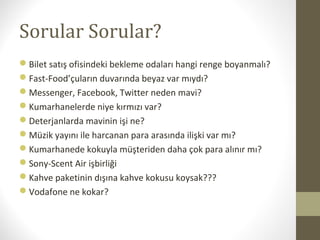 Sorular Sorular?
Bilet satış ofisindeki bekleme odaları hangi renge boyanmalı?
Fast-Food’çuların duvarında beyaz var mıydı?
Messenger, Facebook, Twitter neden mavi?
Kumarhanelerde niye kırmızı var?
Deterjanlarda mavinin işi ne?
Müzik yayını ile harcanan para arasında ilişki var mı?
Kumarhanede kokuyla müşteriden daha çok para alınır mı?
Sony-Scent Air işbirliği
Kahve paketinin dışına kahve kokusu koysak???
Vodafone ne kokar?
 