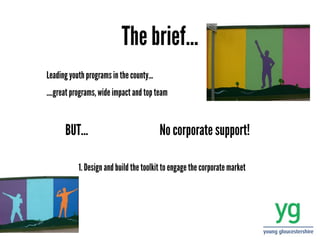 The brief...
Leading youth programs in the county...
....great programs, wide impact and top team



      BUT...                              No corporate support!

           1. Design and build the toolkit to engage the corporate market
 