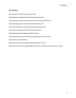 2014/04/22	
  	
  
	
   9	
  
REFERENCE:	
  	
  
http://discpersonalitytesting.com/free-­‐disc-­‐test/	
  	
  
http://keirsey.com/4temps/overview_temperaments.asp	
  	
  	
  	
  	
  
http://www.whatmakesyoutickandwhatticksyouoff.com/DomAndShad.html	
  
http://psychology.about.com/od/leadership/a/leadstyles.htm	
  	
  
http://psychology.about.com/library/quiz/bl-­‐leadershipquizb.htm	
  
http://themillenniallegacy.com/the-­‐millennial-­‐generation/	
  	
  
http://www.generationsatwork.com/articles.php	
  
http://www.nxtbook.com/nxtbooks/trainingindustry/tiq_2013winter/#/12	
  	
  
http://www1.cpcc.edu/millennial	
  
http://www.livescience.com/38061-­‐millennials-­‐generation-­‐y.html	
  	
  
http://www.pewsocialtrends.org/2010/02/24/millennials-­‐confident-­‐connected-­‐open-­‐to-­‐change/	
  	
  
	
  
	
  
	
  
	
  
	
  
	
  
	
  
 