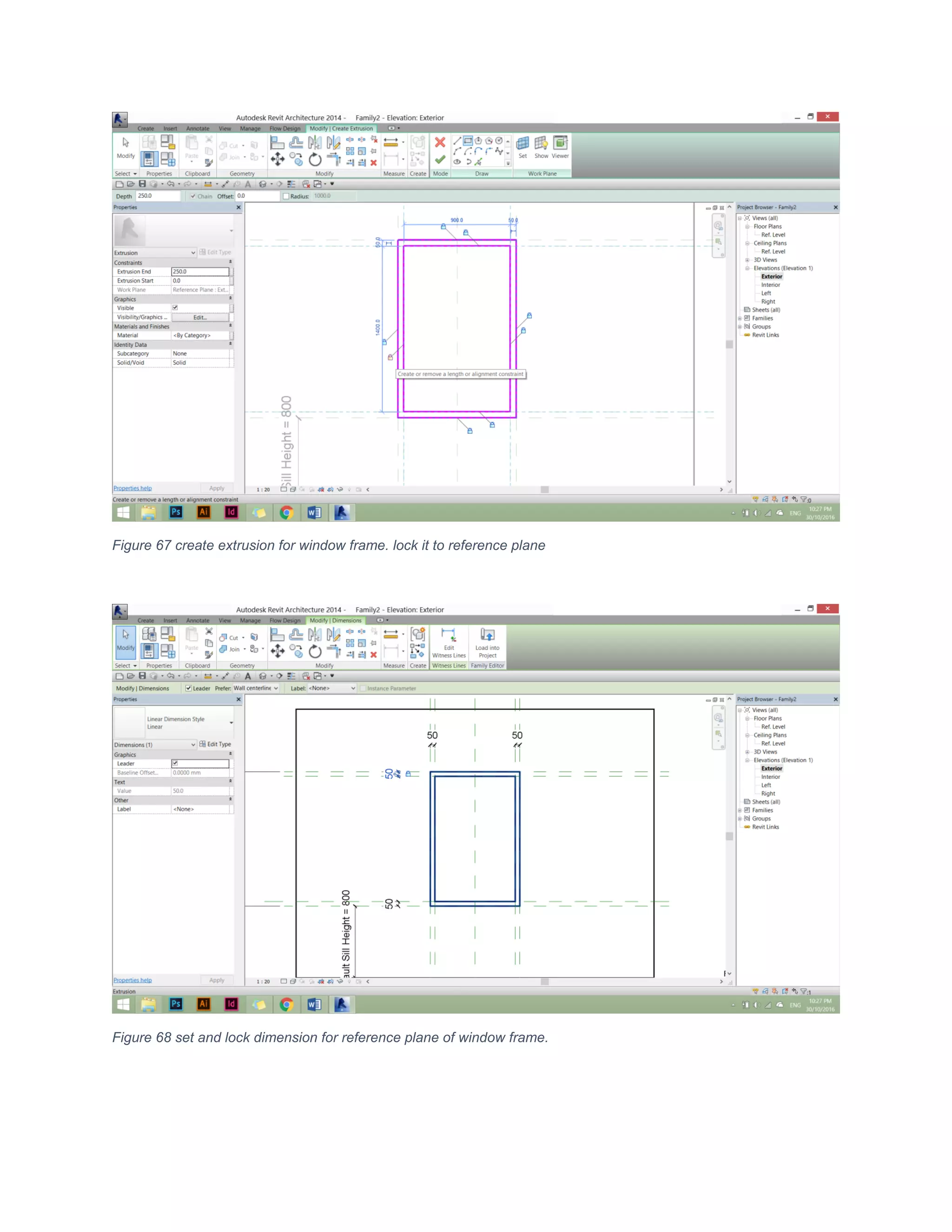 Figure 67 create extrusion for window frame. lock it to reference plane
Figure 68 set and lock dimension for reference plane of window frame.
 