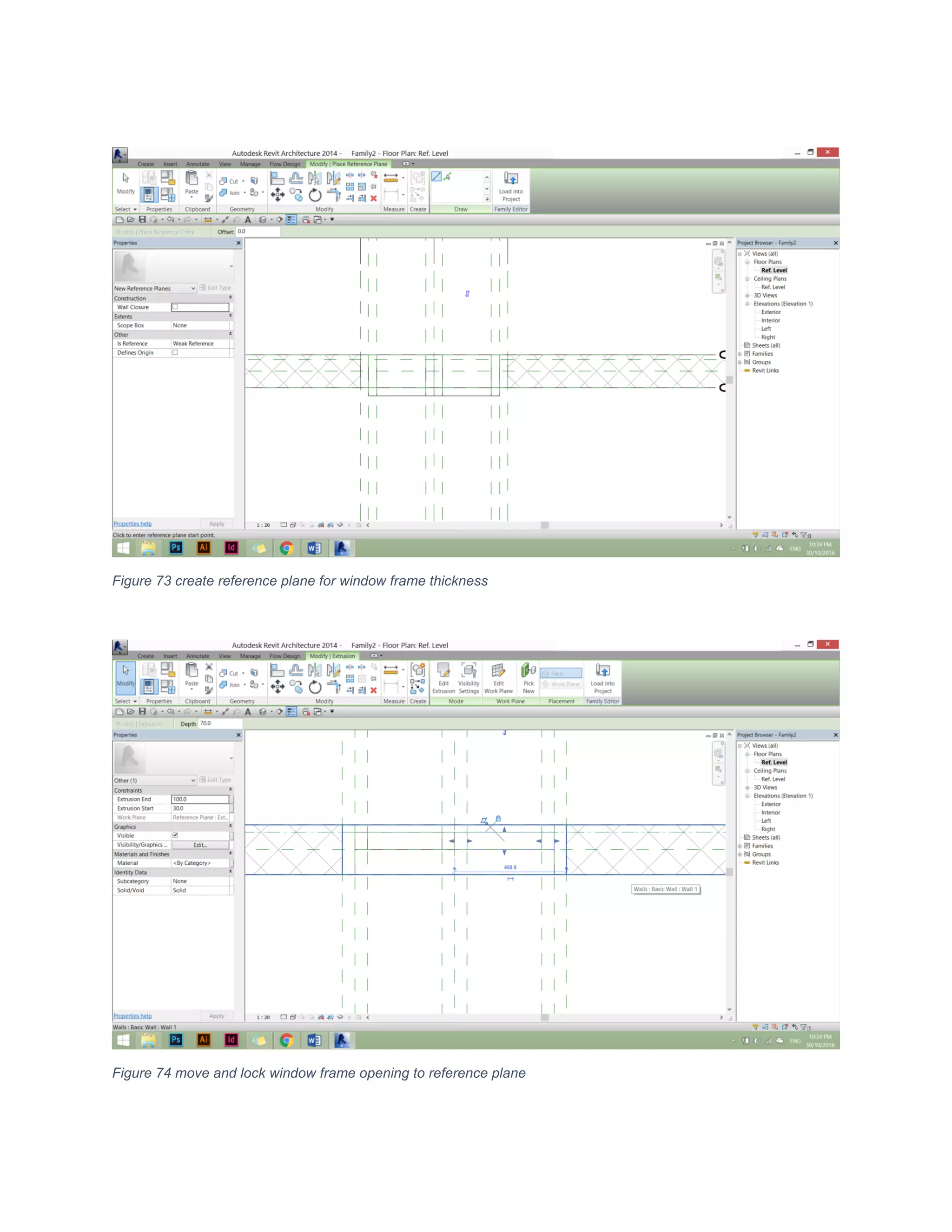 Figure 73 create reference plane for window frame thickness
Figure 74 move and lock window frame opening to reference plane
 