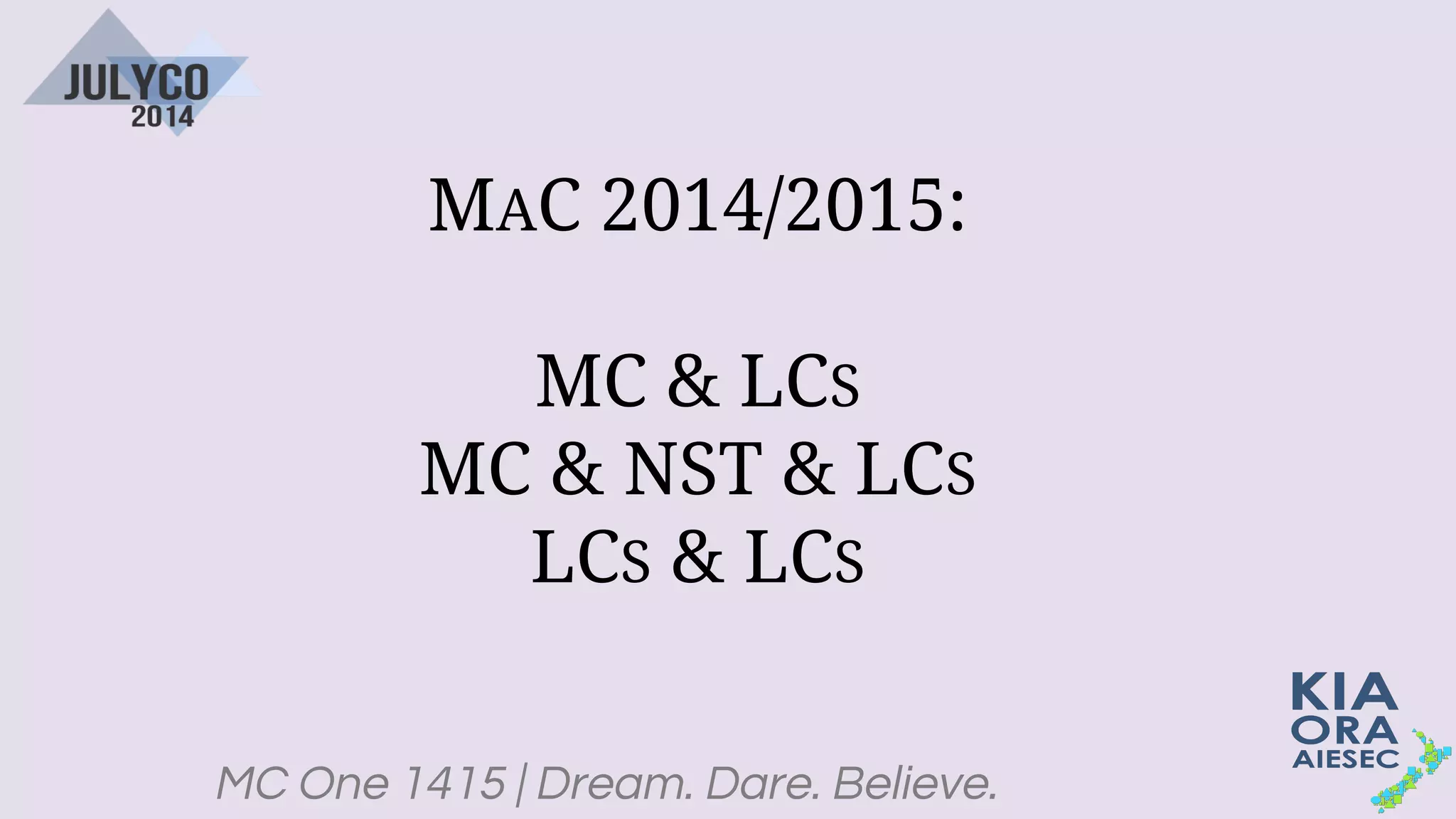 MC One 1415 | Dream. Dare. Believe.
MAC 2014/2015:
MC & LCS
MC & NST & LCS
LCS & LCS
 