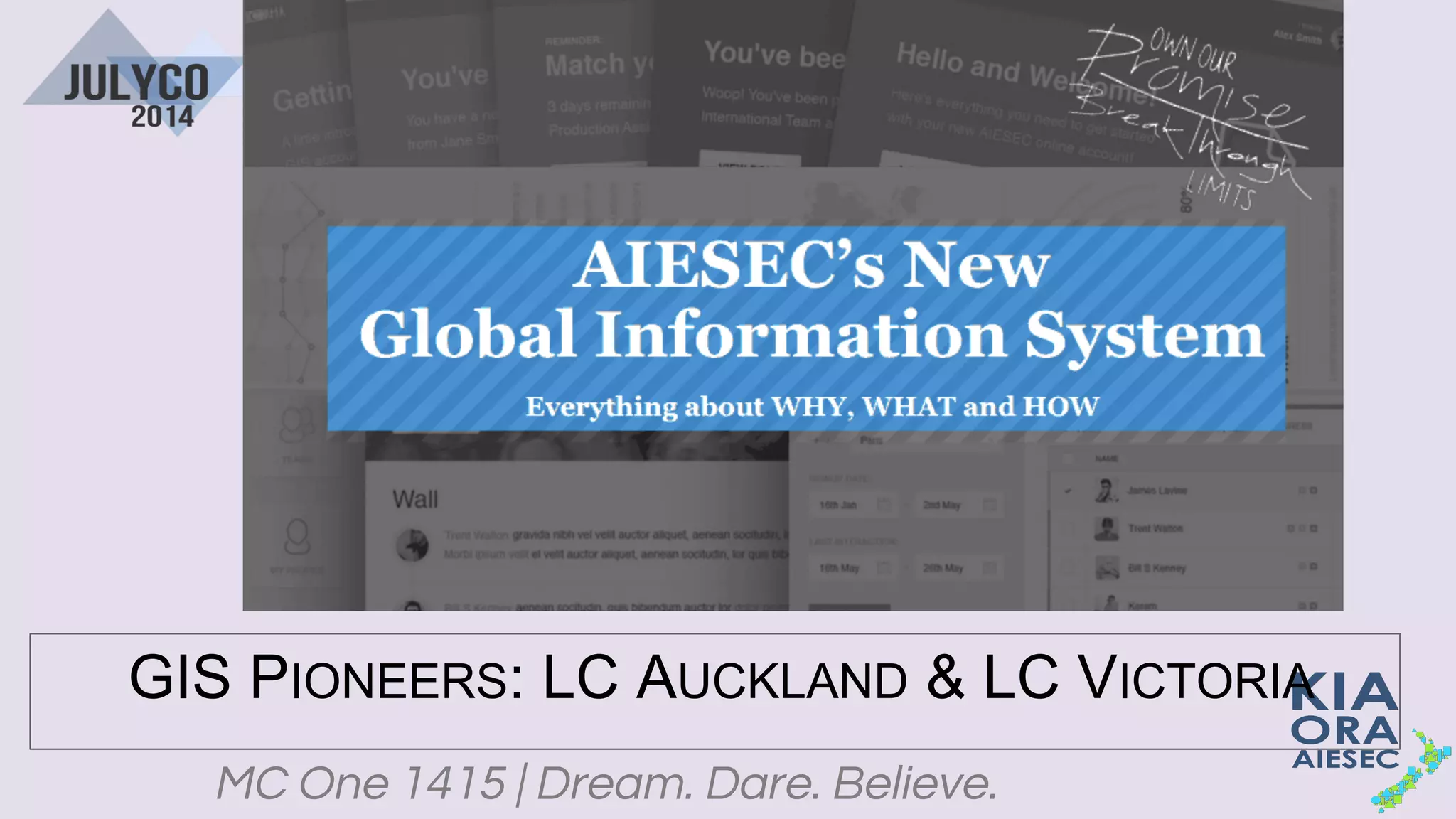 MC One 1415 | Dream. Dare. Believe.
GIS PIONEERS: LC AUCKLAND & LC VICTORIA
 