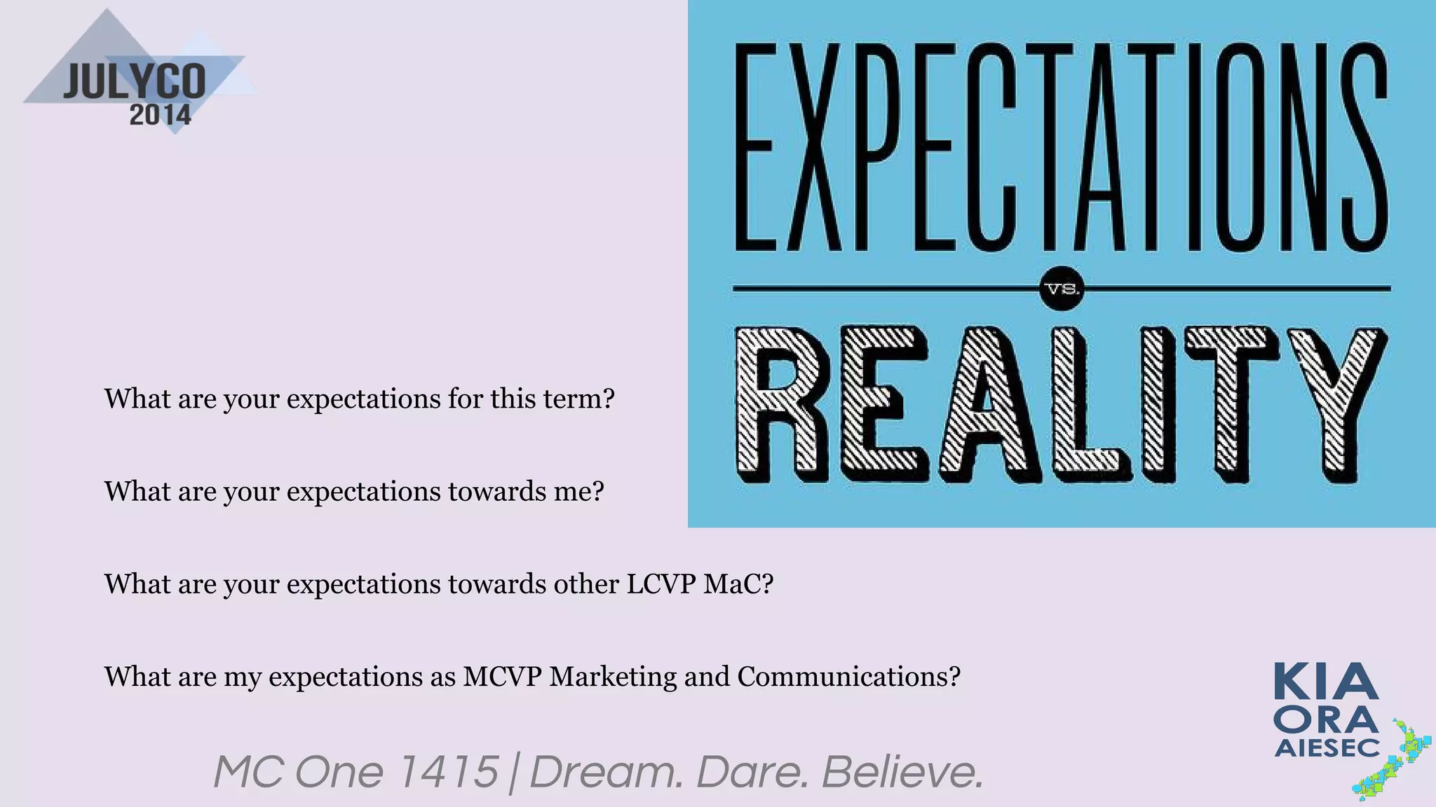 MC One 1415 | Dream. Dare. Believe.
What are your expectations for this term?
What are your expectations towards me?
What are your expectations towards other LCVP MaC?
What are my expectations as MCVP Marketing and Communications?
 