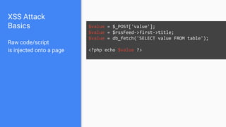 XSS Attack
Basics $value = $_POST['value'];
$value = $rssFeed->first->title;
$value = db_fetch('SELECT value FROM table');
<?php echo $value ?>
Raw code/script
is injected onto a page
 