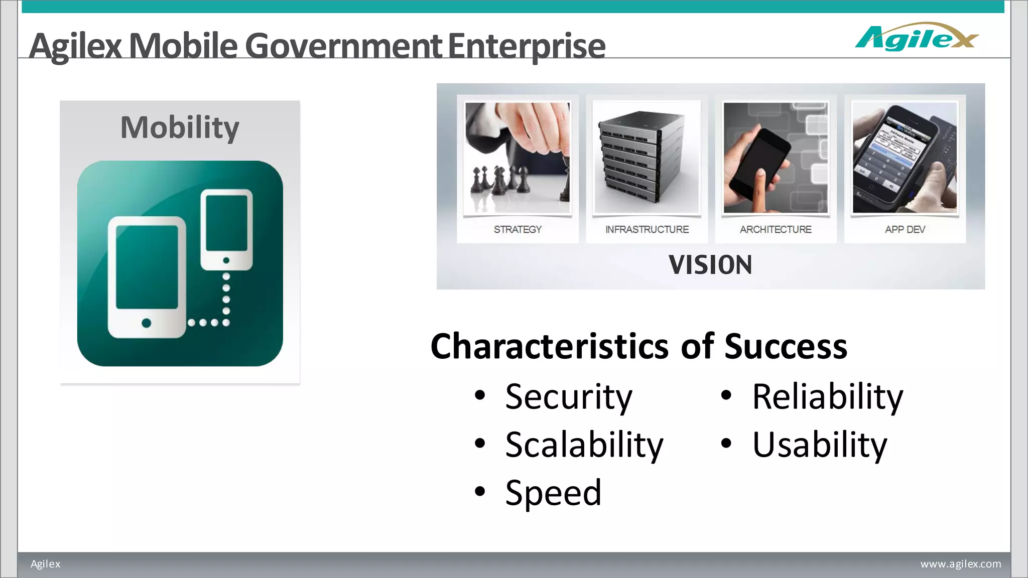 Agilex www.agilex.com
Mobility
AgilexMobileGovernmentEnterprise
• Security
• Scalability
• Speed
• Reliability
• Usability
Characteristics of Success
 