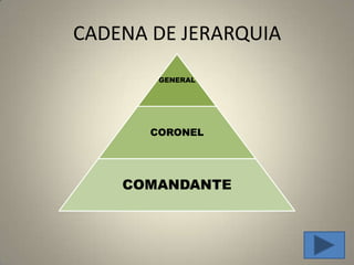 CADENA DE JERARQUIA
        GENERAL




       CORONEL




    COMANDANTE
 