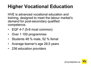yhmyndigheten.se
Higher Vocational Education
HVE is advanced vocational education and
training, designed to meet the labour market’s
demand for post-secondary qualified
competence.
• EQF 4-7 (5-6 most common)
• Over 1 100 programmes
• Students 48 % male, 52 % femal
• Average learner’s age 29,5 years
• 236 education providers
 
