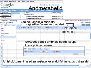 Andmetabelid Loo dokument ja salvesta Dokumendi eelvaade Impordi varasem andmetabel Sorteerida saad andmeid ridade kaupa korraga ühes veerus Ühist dokumenti saad salvestada ka eraldi failina export käsu abil 