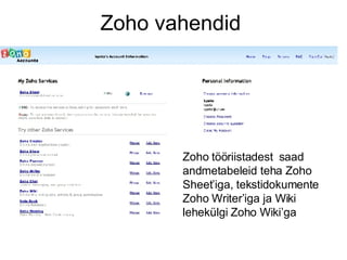 Zoho vahendid Zoho tööriistadest  saad andmetabeleid teha Zoho Sheet’iga, tekstidokumente Zoho Writer’iga ja Wiki lehekülgi Zoho Wiki’ga 