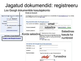Jagatud dokumendid: registreeru Loo Googli dokumentide kasutajakonto email Salasõnas kasuta ka numbreid Korda salasõna salasõna Turvasõna 