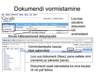 Dokumendi vormistamine Loo kas sõnaline dokument või andmetabel Sinule kättesaadavad dokumendid Loo uus dokument (New), pane sellele nimi (rename) ja salvesta (save). Dokumenti saad salvestada ka oma kausta rtf või pdf failina. Vormindamiseks kasuta html vahendeid Dokumendi eelvaade 