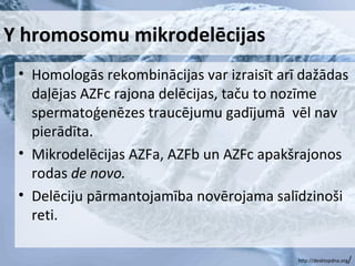 Y hromosomu mikrodelēcijas
• Homologās rekombinācijas var izraisīt arī dažādas
daļējas AZFc rajona delēcijas, taču to nozīme
spermatoģenēzes traucējumu gadījumā vēl nav
pierādīta.
• Mikrodelēcijas AZFa, AZFb un AZFc apakšrajonos
rodas de novo.
• Delēciju pārmantojamība novērojama salīdzinoši
reti.
http://desktopdna.org

/

 