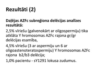 Rezultāti (2)
Daļējas AZFc subreģiona delēcijas analīzes
rezultātā:
2,5% vīriešu (galvenokārt ar oligospermiju) tika
atklāta Y hromosomas AZFc rajona gr/gr
delēcijas esamība,
4,5% vīriešu (3 ar aspermiju un 6 ar
oligoastenoteratospermiju) Y hromosomas AZFc
rajona b2/b3 delēcija;
1,0% pacientu - sY1291 lokusa zudumus.

 