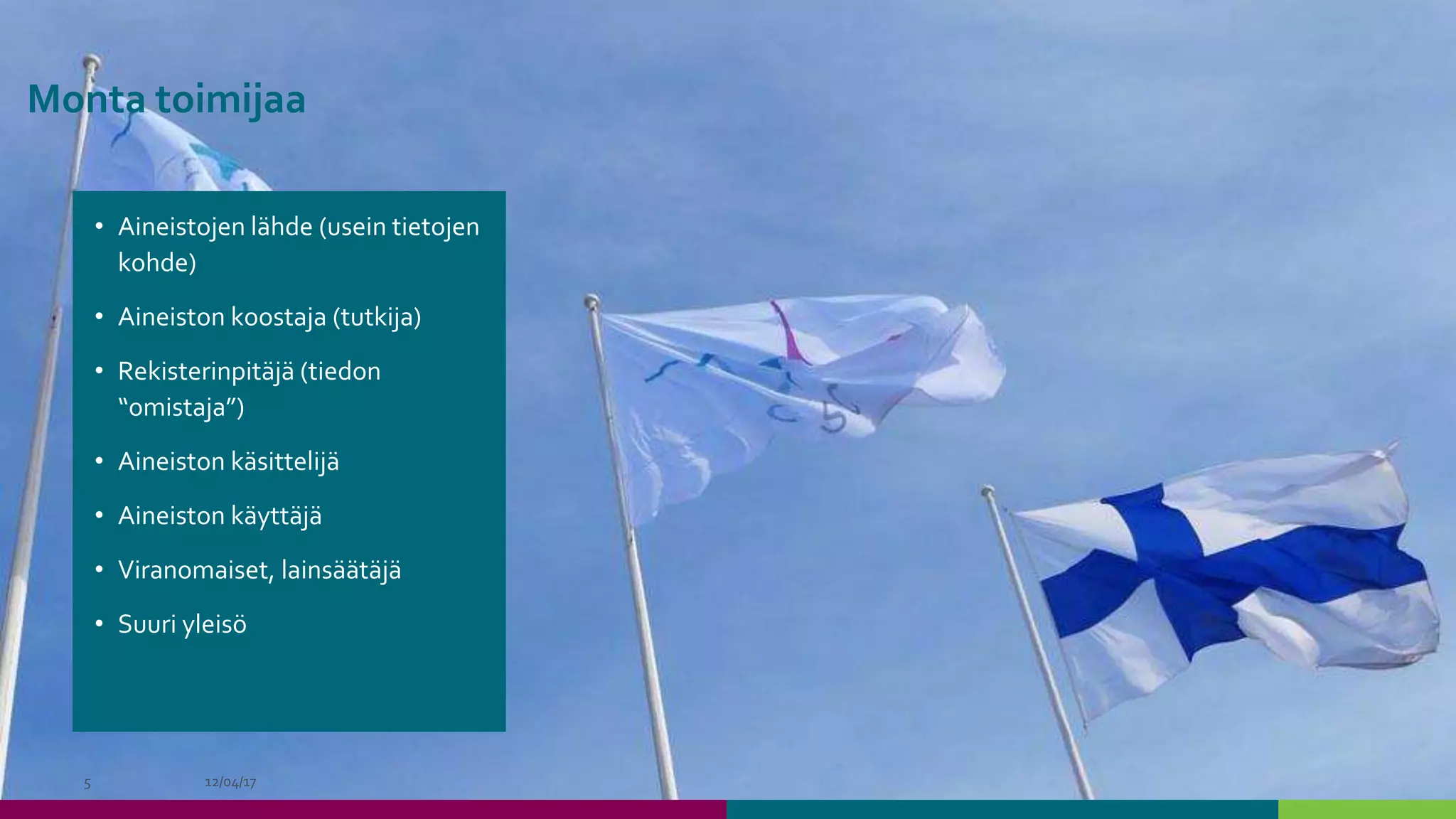 • Aineistojen lähde (usein tietojen
kohde)
• Aineiston koostaja (tutkija)
• Rekisterinpitäjä (tiedon
“omistaja”)
• Aineiston käsittelijä
• Aineiston käyttäjä
• Viranomaiset, lainsäätäjä
• Suuri yleisö
12/04/175
Monta toimijaa
 