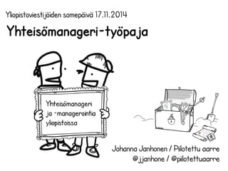 Yhteisömanageri-työpaja 
Johanna Janhonen / Piilotettu aarre 
@jjanhone / @piilotettuaarre 
Yliopistoviestijöiden somepäivä 17.11.2014 
 