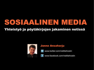 SOSIAALINEN MEDIA Yhteistyö ja pöytäkirjojen jakaminen netissä Janne Ansaharju www.twitter.com/nettitehostin www.facebook.com/nettitehostin 