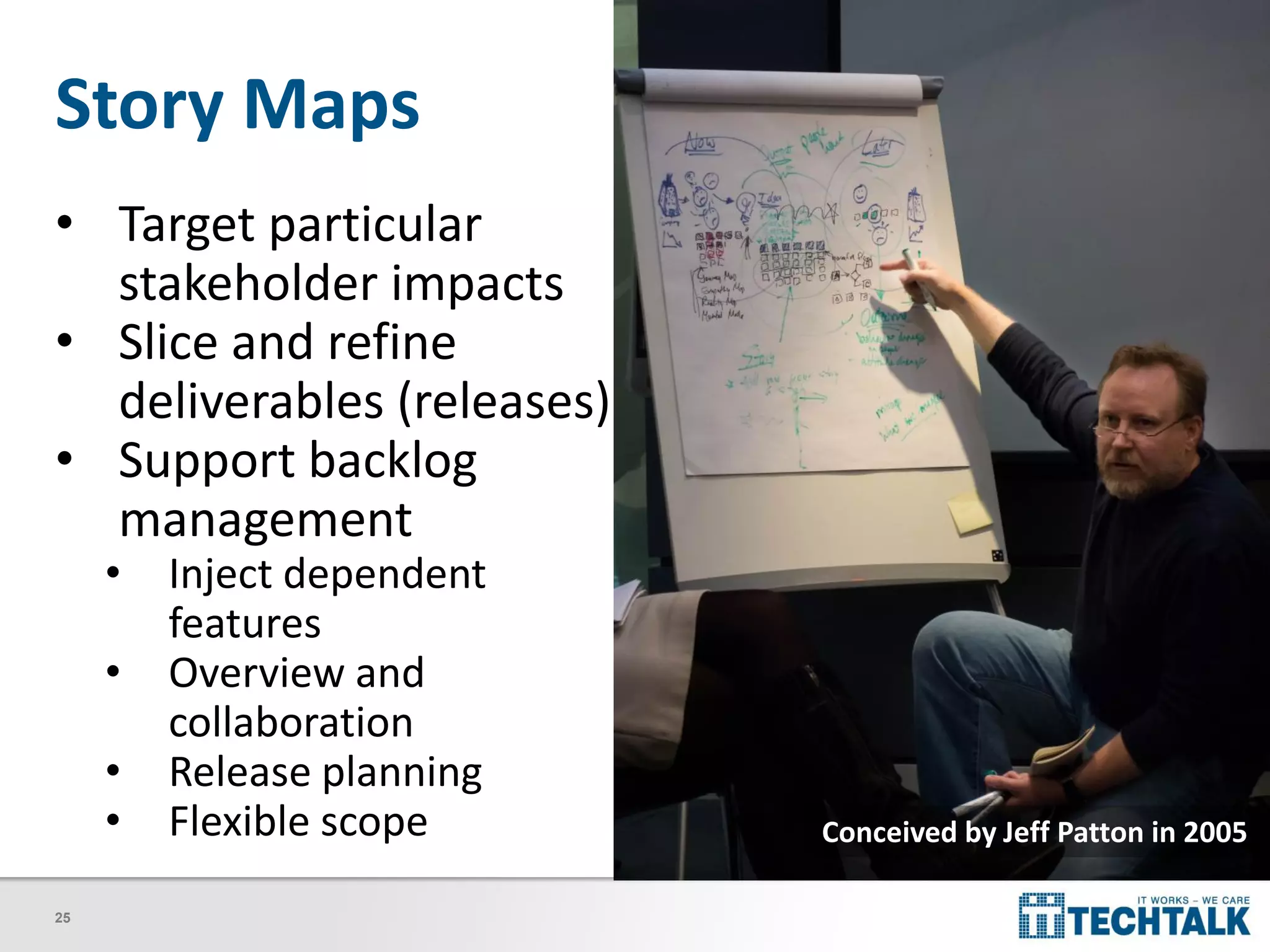 25
Story Maps
• Target particular
stakeholder impacts
• Slice and refine
deliverables (releases)
• Support backlog
management
• Inject dependent
features
• Overview and
collaboration
• Release planning
• Flexible scope Conceived by Jeff Patton in 2005
 