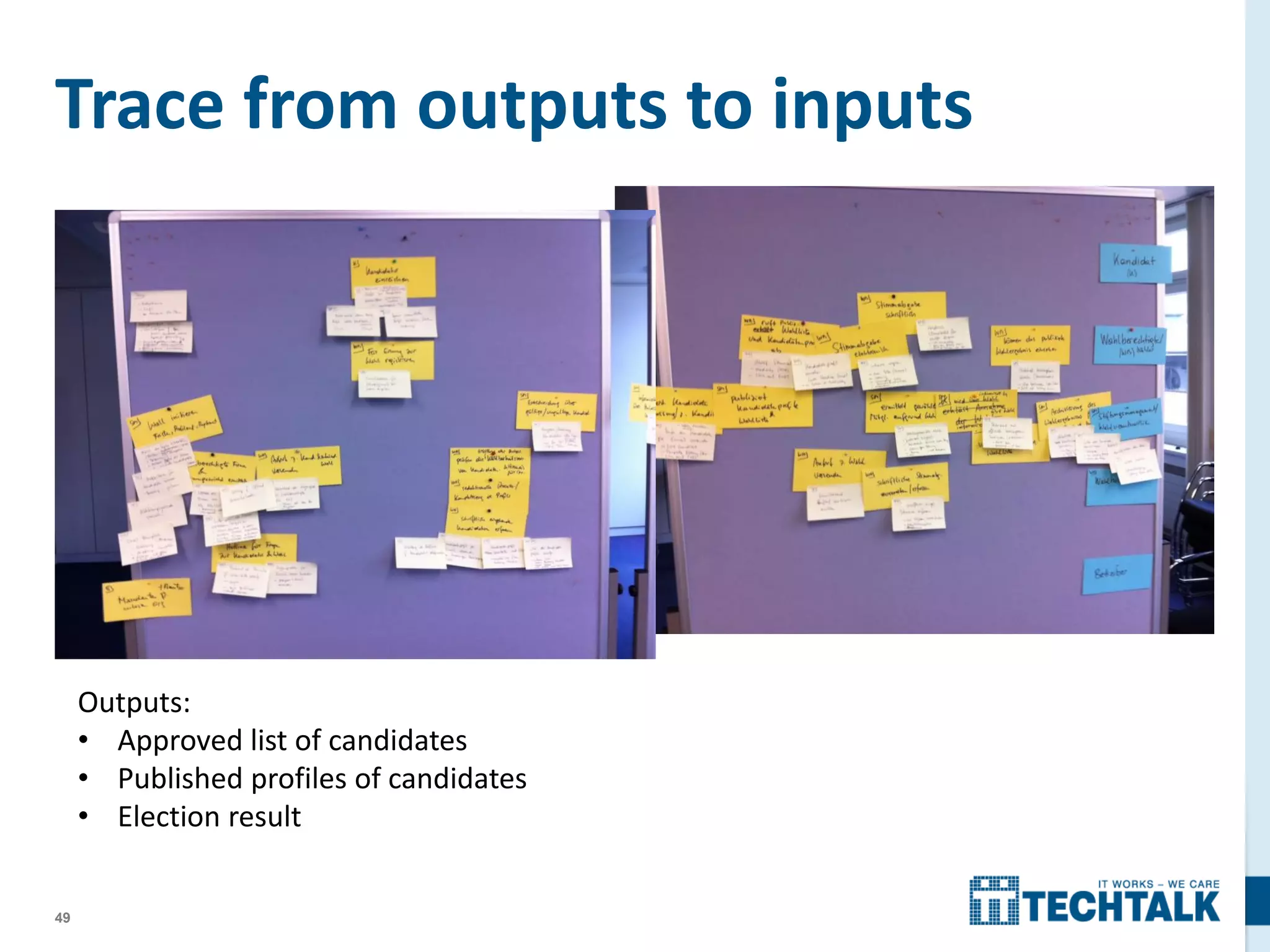49
Trace from outputs to inputs
Outputs:
• Approved list of candidates
• Published profiles of candidates
• Election result
 