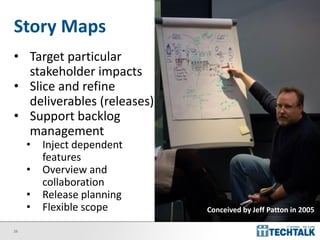 25
Story Maps
• Target particular
stakeholder impacts
• Slice and refine
deliverables (releases)
• Support backlog
management
• Inject dependent
features
• Overview and
collaboration
• Release planning
• Flexible scope Conceived by Jeff Patton in 2005
 