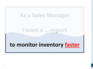17
As a Sales Manager
I want a …-report
to monitor inventory faster
 