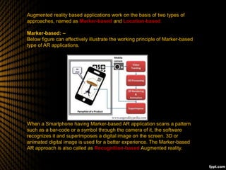 Augmented reality based applications work on the basis of two types of
approaches, named as Marker-based and Location-based.
Marker-based: –
Below figure can effectively illustrate the working principle of Marker-based
type of AR applications.
When a Smartphone having Marker-based AR application scans a pattern
such as a bar-code or a symbol through the camera of it, the software
recognizes it and superimposes a digital image on the screen. 3D or
animated digital image is used for a better experience. The Marker-based
AR approach is also called as Recognition-based Augmented reality.
 