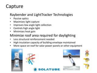 Capture
Raybender and LightTracker Technologies
• Passive optics
• Maximizes light capture
• Improves low angle light collection
• Controls high angle light
• Minimizes heat gain
Minimize roof area required for daylighting
• Less structural reinforcement needed
• High insulation capacity of building envelope maintained
• More space on roof for solar power panels or other equipment
 