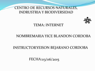 CENTRO DE RECURSOS NATURALES,
INDRUSTRIA Y BIODIVERSIDAD
TEMA: INTERNET
NOMBRE:MARIA YICE BLANDON CORDOBA
INSTRUCTOR :YEISON BEJARANO CORDOBA
FECHA:03/06/2015
 