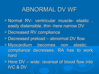 ABNORMAL DV WF
 Normal RV- ventricular muscle- elastic ,
easily distensible, thin -here narrow DV
 Decreased RV compliance
 Decreased preload – abnormal DV flow
 Myocardium becomes non elastic,
compliance decreases, RA has to work
hard
 Here DV – wide: reversal of blood flow into
IVC & DV
 