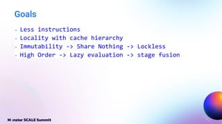 Goals
- Less instructions
- Locality with cache hierarchy
- Immutability -> Share Nothing -> Lockless
- High Order -> Lazy evaluation -> stage fusion
 