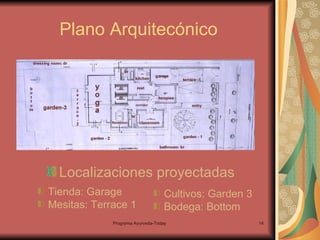 Plano Arquitecónico Tienda: Garage Mesitas: Terrace 1 Cultivos: Garden 3 Bodega: Bottom Localizaciones proyectadas 