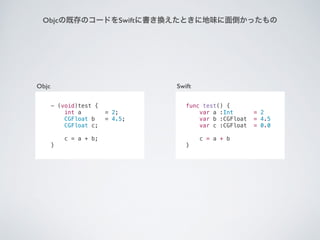 ObjcμȴΥ`ɤSwift˕QȤ˵ζ浹ä
- (void)test {
int a = 2;
CGFloat b = 4.5;
CGFloat c;
c = a + b;
}
Objc
func test() {
var a :Int = 2
var b :CGFloat = 4.5
var c :CGFloat = 0.0
c = a + b
}
Swift
 
