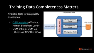 Training Data Completeness Matters
Available tools for data quality
assessment:
- OSM analytics (OSM v.s.
Human Settlement Layer)
- OSM-lint (e.g. OSM v.s.
US census TIGER in USA)
 