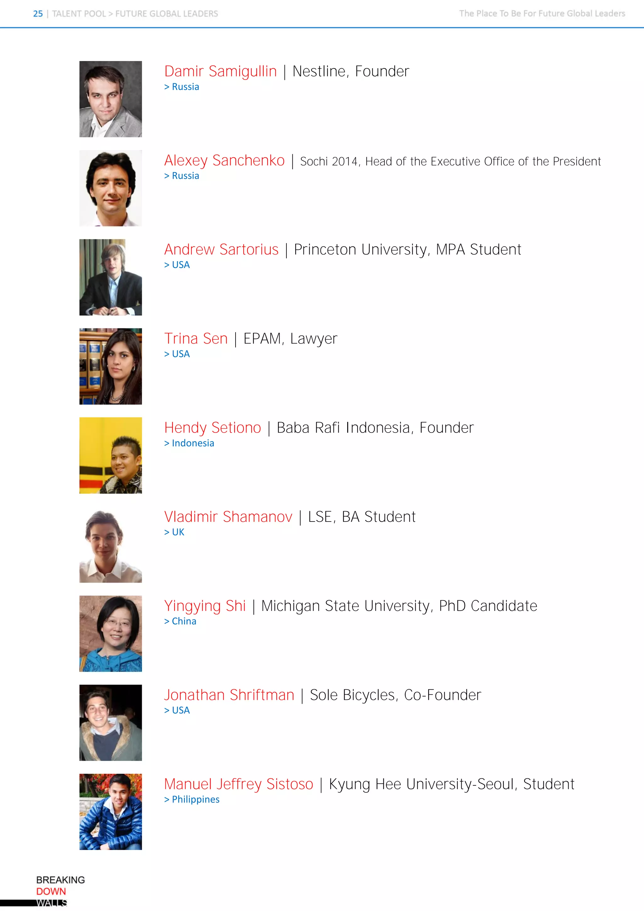 Damir Samigullin | Nestline, Founder
> Russia




Alexey Sanchenko |   Sochi 2014, Head of the Executive Office of the President
> Russia




Andrew Sartorius | Princeton University, MPA Student
> USA




Trina Sen | EPAM, Lawyer
> USA




Hendy Setiono | Baba Rafi Indonesia, Founder
> Indonesia




Vladimir Shamanov | LSE, BA Student
> UK




Yingying Shi | Michigan State University, PhD Candidate
> China




Jonathan Shriftman | Sole Bicycles, Co-Founder
> USA




Manuel Jeffrey Sistoso | Kyung Hee University-Seoul, Student
> Philippines
 