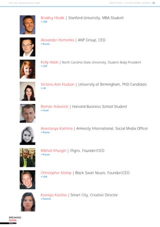 Bradley Hledik | Stanford University, MBA Student
> USA




Alexander Homenko | ANP Group, CEO
> Russia




Kelly Hook | North Carolina State University, Student Body President
> USA




Victoria Ann Hudson | University of Birmingham, PhD Candidate
> UK




Roman Itskovich | Harvard Business School Student
> Israel




Anastasiya Kalinina | Amnesty International, Social Media Officer
> Russia




Mikhail Khurgin | iTigris, Founder/CEO
> Russia




Christopher Klomp | Black Swan Neuro, Founder/CEO
> USA




Kseniya Kostina | Smart City, Creative Director
> Estonia
 