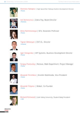 Stanislav Natapov |   High-Speed Rail, Railway Stations Development Director
> Russia




Ion Nemerenco | Zebra Pay, Board Director
> Romania




Anna Nemirovskaya | SFU, Associate Professor
> Russia




Tigran Okhanyan | OST-EL, Director
> Armenia




Igor Ostapenko | VIP Systems, Business Development Director
> Russia




Sergey Pavlovskiy | Renova, M&A Department, Project Manager
> Russia




Alexandr Pershikov | Kremlin Multimedia, Vice-President
> Russia




Alexandr Polynov | Wobot, Co-Founder
> Russia




Richard Portwood | Utah Valley University, Student Body President
> USA
 