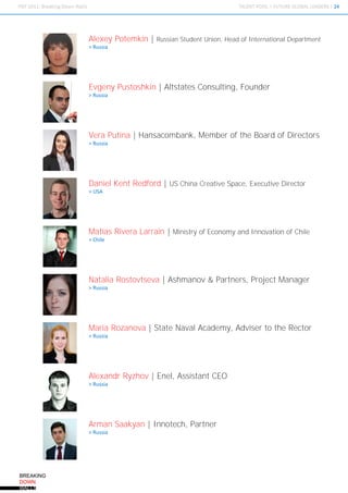 Alexey Potemkin |   Russian Student Union, Head of International Department
> Russia




Evgeny Pustoshkin | Altstates Consulting, Founder
> Russia




Vera Putina | Hansacombank, Member of the Board of Directors
> Russia




Daniel Kent Redford | US China Creative Space, Executive Director
> USA




Matias Rivera Larrain | Ministry of Economy and Innovation of Chile
> Chile




Natalia Rostovtseva | Ashmanov & Partners, Project Manager
> Russia




Maria Rozanova | State Naval Academy, Adviser to the Rector
> Russia




Alexandr Ryzhov | Enel, Assistant CEO
> Russia




Arman Saakyan | Innotech, Partner
> Russia
 