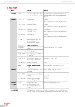When                          What                                  Where

June 14   All day             Arrival & Registration Only           Registration at registration counters at
                              (i.e., the event starts on June 15)   Pulkovo Airport and Moskovskiy Railway
                                                                    Station

June 15   8.00 – 9.30         Registration                          Lobby
                                                                    Park Inn by Radisson Pribaltiyskaya Hotel

          9.30 – 10.00        Welcome coffee                        Lobby
                                                                    Park Inn by Radisson Pribaltiyskaya Hotel

          10.00 – 11.50       Opening Session,                      Blue 4 Hall
                              YIEF 2011 Start                       Park Inn by Radisson Pribaltiyskaya Hotel

          11.50 – 12.15       Coffee break                          Lobby
                                                                    Park Inn by Radisson Pribaltiyskaya Hotel

          12.15 –             Group introductions and
                              presentations of
                              modernization projects

                              Experts’ comments
          TBD by Group
          Facilitators                                              Please consult the YIEF InfoMap
                              Lunch

                    – 17.30   Small group work

          17.30 – 19.00       Small group presentations
                              & wrap-up

          19.00 – 21.00       Presentation preparation,             Location of your choice
                              fine tuning, rehearsals

          21.00 – 23.00       Evening program                       TBD

          23.59               Group presentations                   Please send to info@youthforum.ru
                              due

June 16   8.30                Transfer to the SPIEF site,           Buses depart from your hotel
                              LenExpo

          9.00 – 10.30        Teleconference with Silicon
                              Valley                                8.2 Hall
          10.30 – 12.30       Final presentations and               LenExpo
                              comments by experts

June 16   23.30 –             Projection of the                     Near Dvortsovy Bridge (TBD)
June 17              01.00    presentations on the
                              Dvortsovy Bridge spans
                              (TBD)

June 16-18                    YIEF participants take part in the St. Petersburg International Economic
                              Forum, SPIEF, www.forumspb.com (minor access restrictions may apply)
 