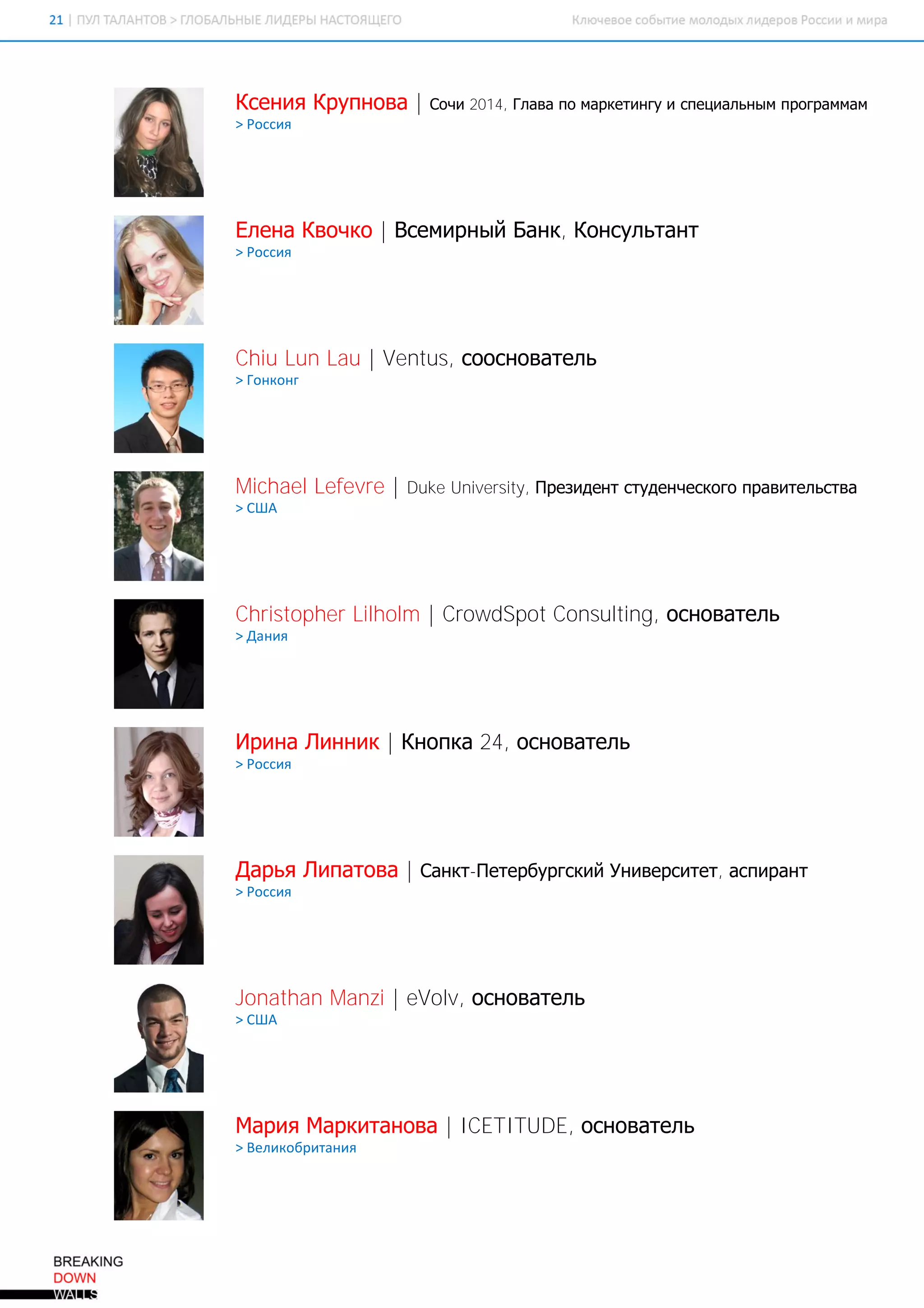 Ксения Крупнова |     Сочи 2014, Глава по маркетингу и специальным программам
> Россия




Елена Квочко | Всемирный Банк, Консультант
> Россия




Chiu Lun Lau | Ventus, сооснователь
> Гонконг




Michael Lefevre |   Duke University, Президент студенческого правительства
> США




Christopher Lilholm | CrowdSpot Consulting, основатель
> Дания




Ирина Линник | Кнопка 24, основатель
> Россия




Дарья Липатова | Санкт-Петербургский Университет, аспирант
> Россия




Jonathan Manzi | eVolv, основатель
> США




Мария Маркитанова | ICETITUDE, основатель
> Великобритания
 