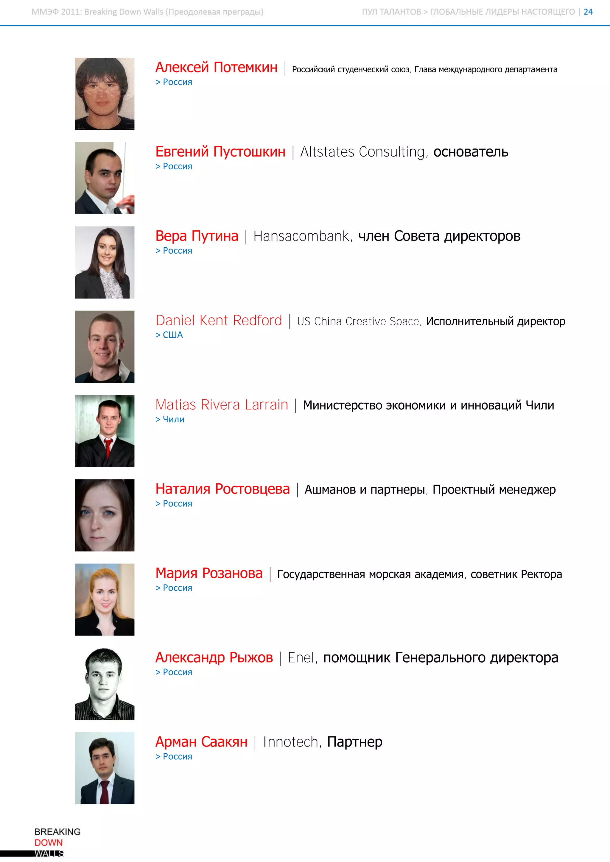 Алексей Потемкин |   Российский студенческий союз, Глава международного департамента
> Россия




Евгений Пустошкин | Altstates Consulting, основатель
> Россия




Вера Путина | Hansacombank, член Совета директоров
> Россия




Daniel Kent Redford |   US China Creative Space, Исполнительный директор
> США




Matias Rivera Larrain | Министерство экономики и инноваций Чили
> Чили




Наталия Ростовцева | Ашманов и партнеры, Проектный менеджер
> Россия




Мария Розанова |   Государственная морская академия, советник Ректора
> Россия




Александр Рыжов | Enel, помощник Генерального директора
> Россия




Арман Саакян | Innotech, Партнер
> Россия
 