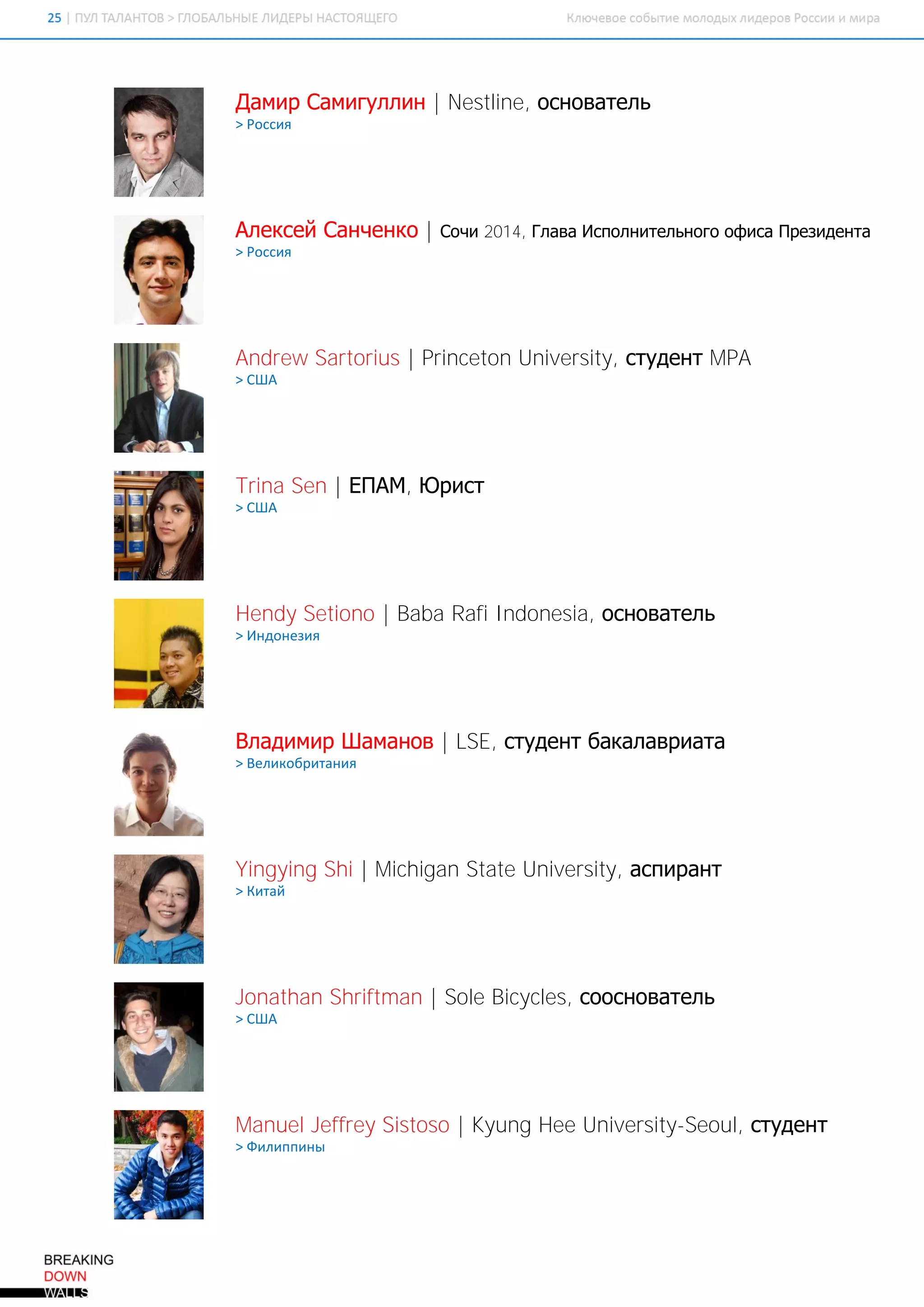 Дамир Самигуллин | Nestline, основатель
> Россия




Алексей Санченко |   Сочи 2014, Глава Исполнительного офиса Президента
> Россия




Andrew Sartorius | Princeton University, студент MPA
> США




Trina Sen | ЕПАМ, Юрист
> США




Hendy Setiono | Baba Rafi Indonesia, основатель
> Индонезия




Владимир Шаманов | LSE, студент бакалавриата
> Великобритания




Yingying Shi | Michigan State University, аспирант
> Китай




Jonathan Shriftman | Sole Bicycles, сооснователь
> США




Manuel Jeffrey Sistoso | Kyung Hee University-Seoul, студент
> Филиппины
 