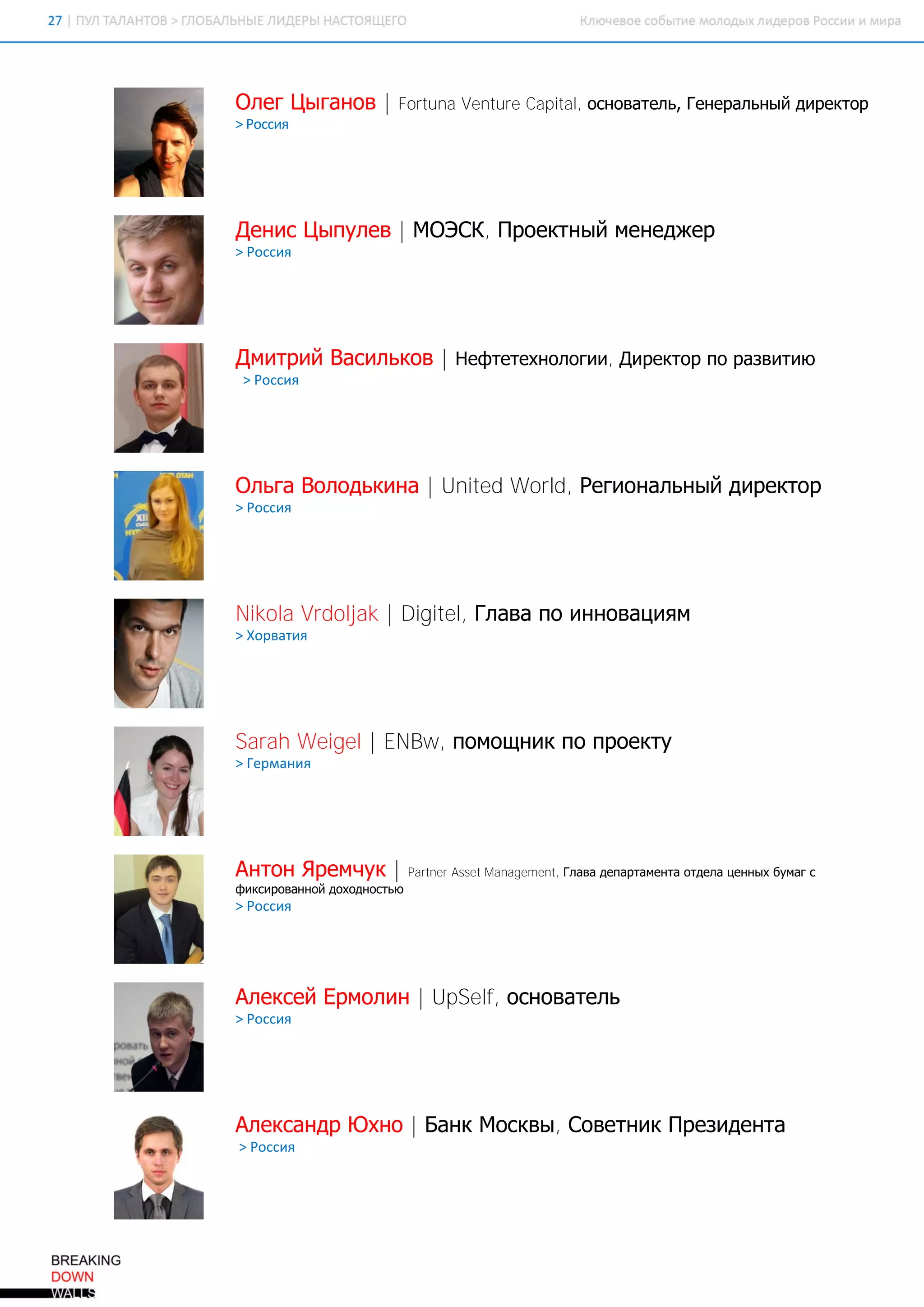 Олег Цыганов |          Fortuna Venture Capital, основатель, Генеральный директор
> Россия




Денис Цыпулев | МОЭСК, Проектный менеджер
> Россия




Дмитрий Васильков | Нефтетехнологии, Директор по развитию
 > Россия




Ольга Володькина | United World, Региональный директор
> Россия




Nikola Vrdoljak | Digitel, Глава по инновациям
> Хорватия




Sarah Weigel | ENBw, помощник по проекту
> Германия




Антон Яремчук |             Partner Asset Management, Глава департамента отдела ценных бумаг с
фиксированной доходностью
> Россия




Алексей Ермолин | UpSelf, основатель
> Россия




Александр Юхно | Банк Москвы, Советник Президента
> Россия
 